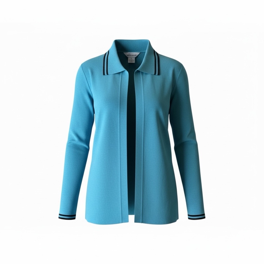 Misook Turquoise Open Front Collared Cardigan Jacket, Small